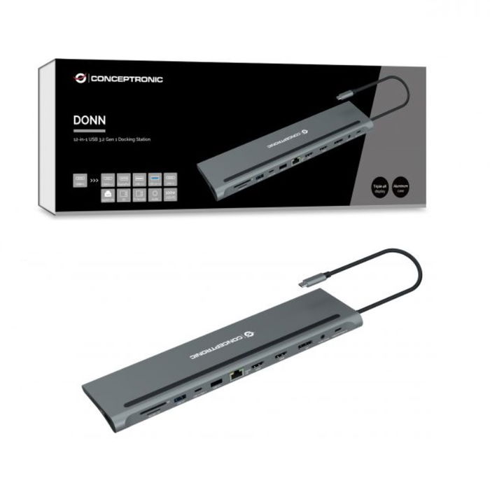Conceptronic DONN17G Estación de Acoplamiento 12 en 1 USB-C, HDMI, DisplayPort, USB 3.2 Gen 1, hasta 4K 60Hz
