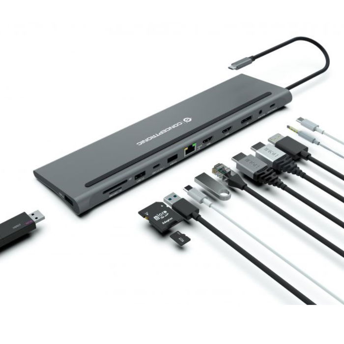 Conceptronic DONN17G Estación de Acoplamiento 12 en 1 USB-C, HDMI, DisplayPort, USB 3.2 Gen 1, hasta 4K 60Hz