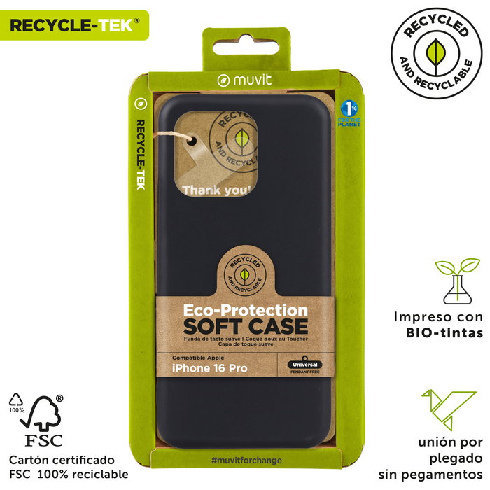 Muvit Funda Recycletek para Apple iPhone 16 - Hecha 100% de Materiales Reciclados, Diseño Flexible y Protector
