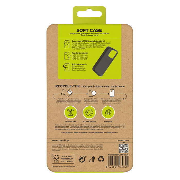 Muvit Funda Recycletek para Apple iPhone 16 - Hecha 100% de Materiales Reciclados, Diseño Flexible y Protector