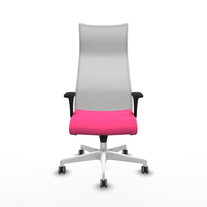 Sillón Albacete con mecanismo Sincro tapizada con Similpiel color Rosa y malla color Blanco. Equipado con Base poliamida blanca, Brazos 1D y Ruedas 65 mm parqué