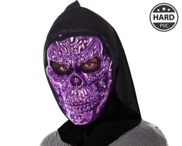 Máscara de Calavera Morada Brillante de PVC con Capucha Negra Atosa
