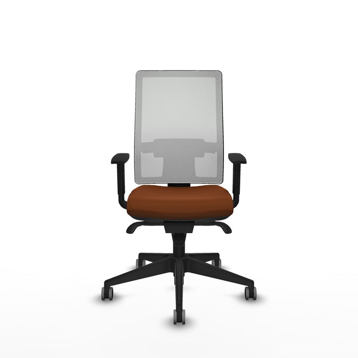 Silla de oficina Horna con mecanismo Sincro tapizada con Similpiel color Marrón y malla color Blanco. Equipada con lumbar 1D, Brazos 1D y Ruedas 65 mm parqué