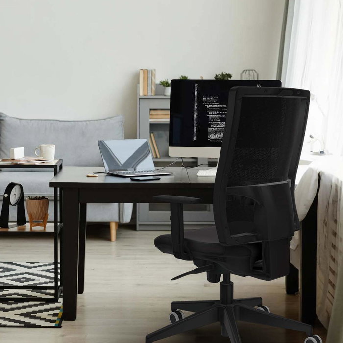 Silla de oficina Horna con mecanismo Sincro tapizada con Similpiel color Marrón y malla color Blanco. Equipada con lumbar 1D, Brazos 1D y Ruedas 65 mm parqué