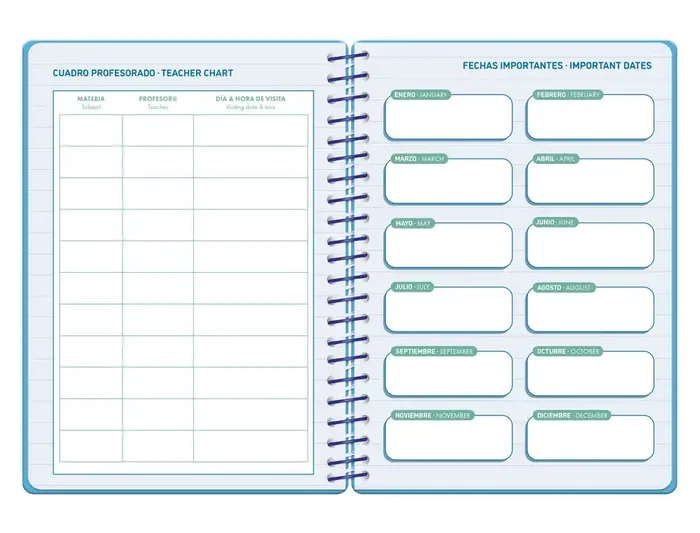 Liderpapel Agenda Escolar 2026-2027 Espiral Basic 2 Días Página A5 Bilingüe Azul Turquesa - Papel FSC 70g con Gomilla, Tapa de Polipropileno