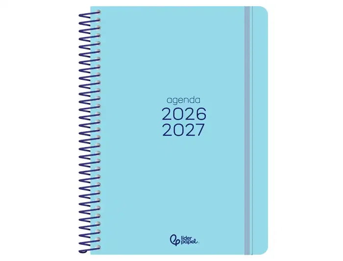 Liderpapel Agenda Escolar 2026-2027 Espiral Basic 2 Días Página A5 Bilingüe Azul Turquesa - Papel FSC 70g con Gomilla, Tapa de Polipropileno