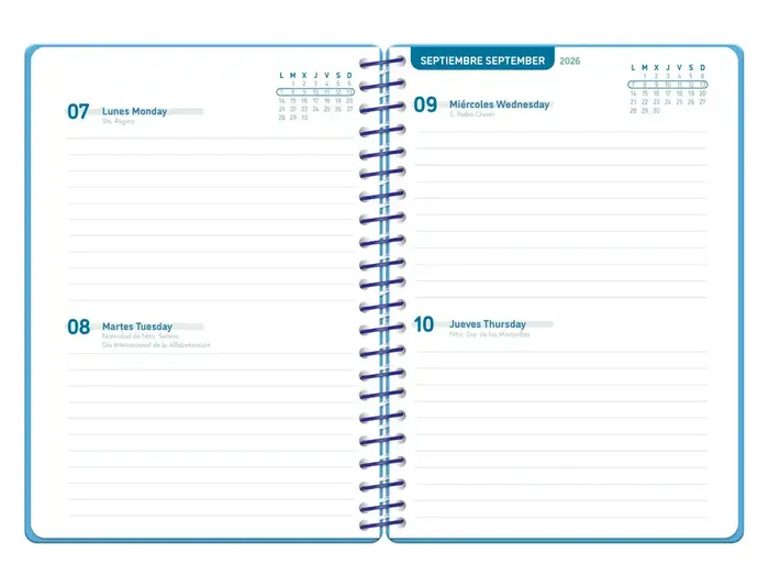 Liderpapel Agenda Escolar 2026-2027 Espiral Basic 2 Días Página A5 Bilingüe Azul Turquesa - Papel FSC 70g con Gomilla, Tapa de Polipropileno