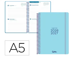Liderpapel Agenda Escolar 2026-2027 Espiral Basic 2 Días Página A5 Bilingüe Azul Turquesa - Papel FSC 70g con Gomilla, Tapa de Polipropileno