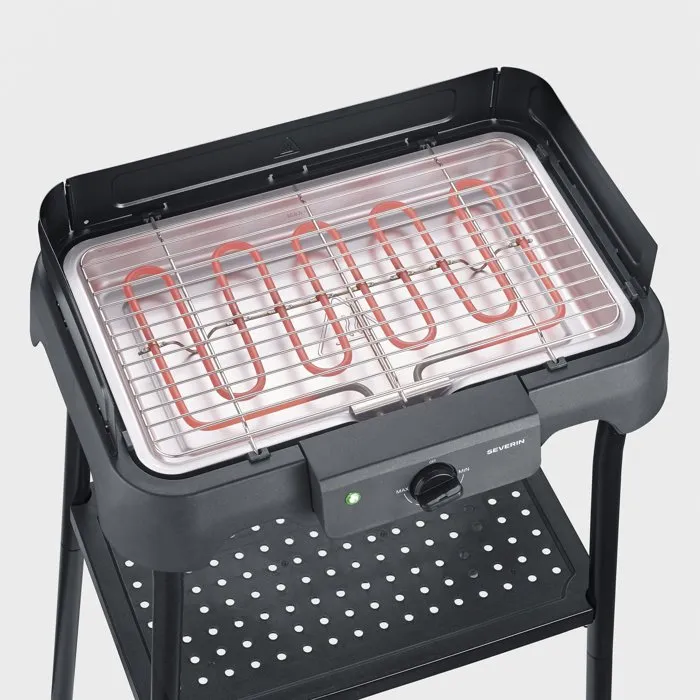 Severin PG8594 - Barbacoa Eléctrica 2000W Negra con Patas, Superficie 38x22 cm y Termostato Regulable