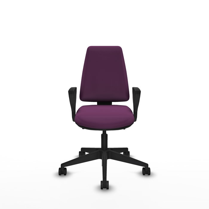 Silla de oficina Elche con mecanismo Asincro tapizada con Similpiel color Morado. Equipada con Base piramidal negra, Brazos fijos y Ruedas 65mm nailon Silla de oficina Elche con mecanismo Asincro tapizada con Similpiel color Morado. Equipada con Base piramidal negra, Brazos fijos y Ruedas 65mm nailon
