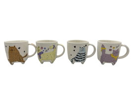 DKD Home Decor Tazas de Porcelana con Diseños de Gatos Surtido de 4 Unidades
