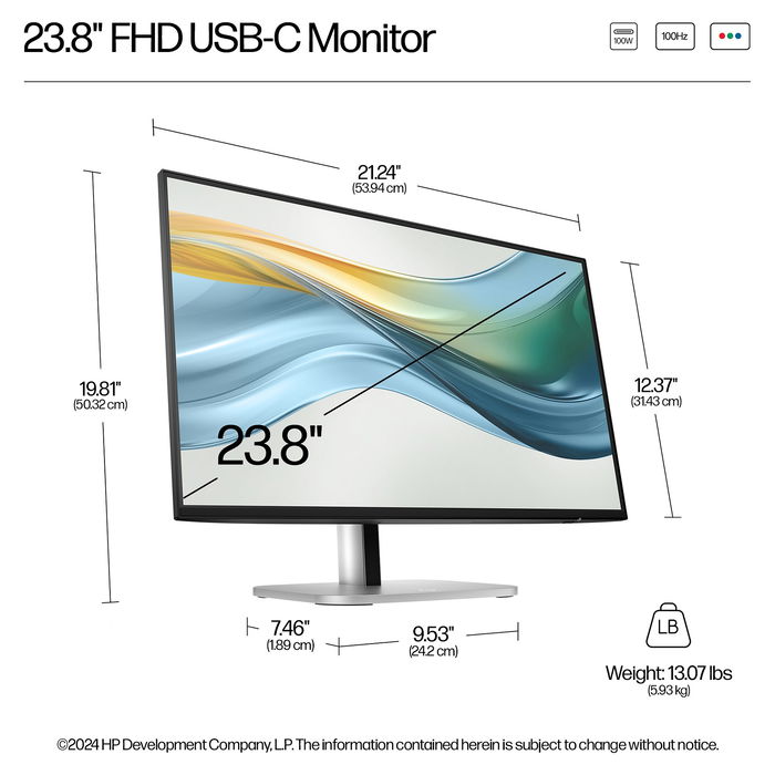 HP 524pu 23,8" FHD 1920x1080 IPS 100Hz 5ms USB-C HDMI DisplayPort VESA Monitor Negro/Plata