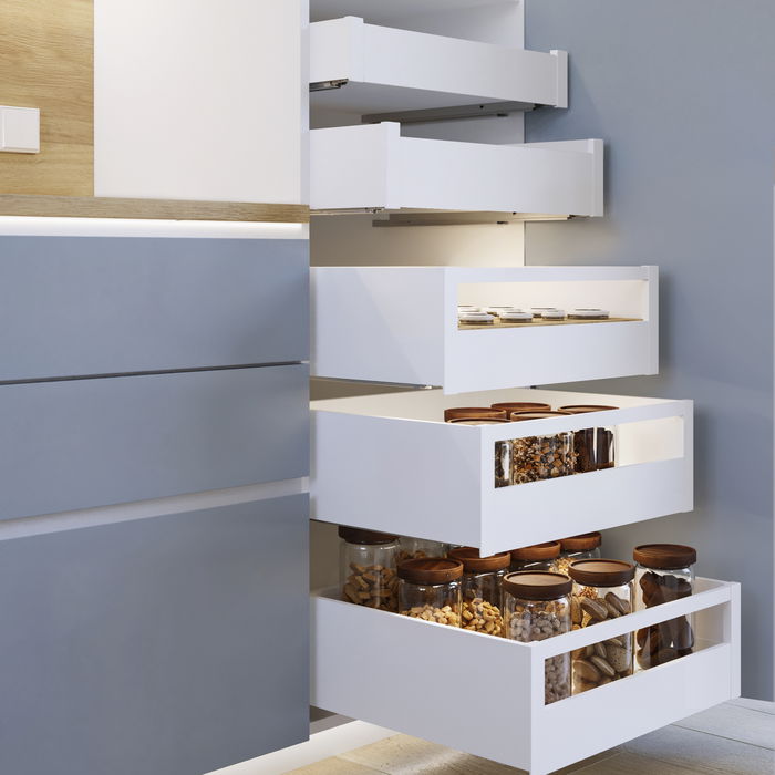 Emuca Cajón exterior Protone 30kg con guías de extracción total y cierre suave, Altura 131mm, profundidad 350mm, Acero, Pintado blanco