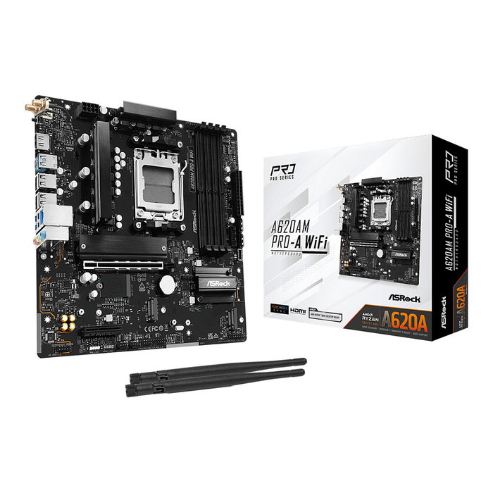 ASRock A620AM Pro-A WiFi AMD A620 mATX Placa Base AM5 Compatible con DDR5 Ryzen 7000/8000/9000 Series, PCIe 4.0, Wi-Fi 6E, Bluetooth 5.2, 2.5Gb LAN, M.2 NVMe, HDMI 2.1