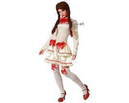 Disfraz de Muñeca de Porcelana para Mujer Adulta, Vestido Beige con Lazos Rojos, Tallas XS-S