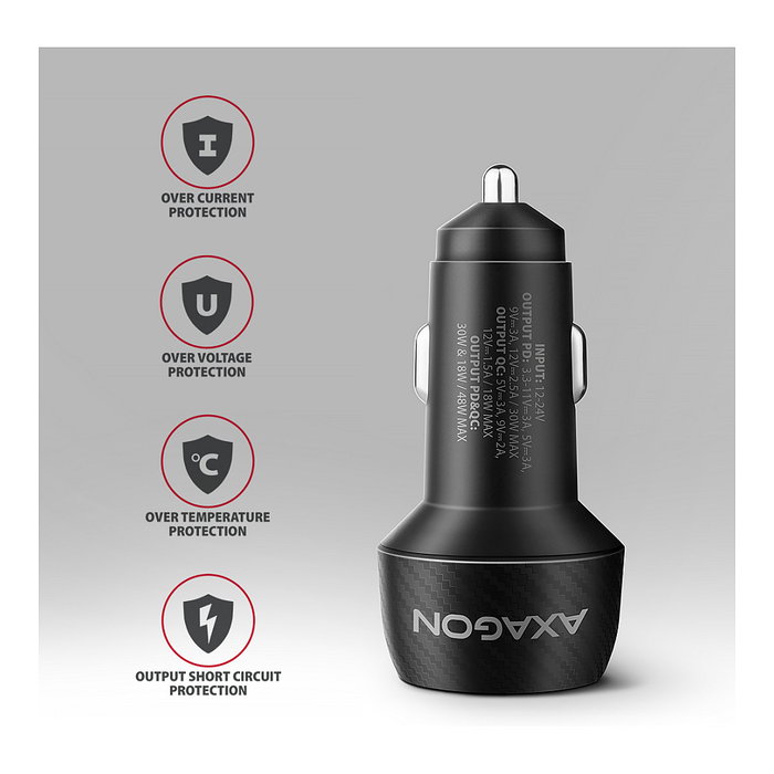 Axagon PWC-PQ48 Cargador de coche con USB-C Power Delivery 3 y USB-A Quick Charge 4+, negro Axagon PWC-PQ48 Cargador de coche con USB-C Power Delivery 3 y USB-A Quick Charge 4+, negro