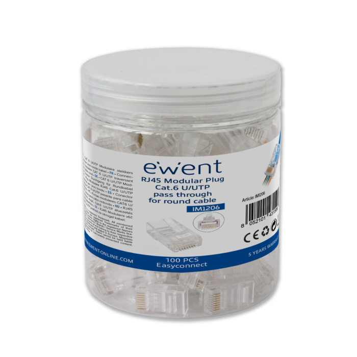 EWENT IM1206 Conector RJ-45 Cat6 U/UTP Macho Transparente para Cable Sólido AWG 23-26 Chapado en Oro 15µ - 100 Unidades