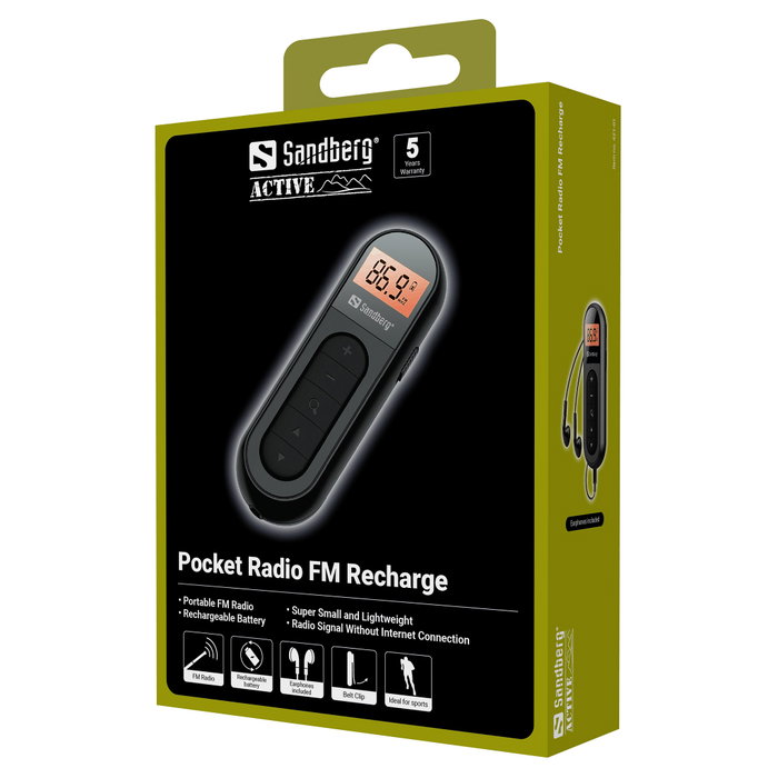 Sandberg Pocket Radio FM Recargable con Batería Incorporada, Ultracompacta y Portátil con Auriculares Incluidos para Deporte y Emergencias