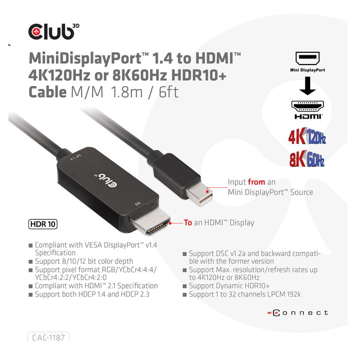 Club 3D CAC-1187 Cable Mini DisplayPort 1.4 a HDMI 2.1 1.8m 8K60Hz St/St