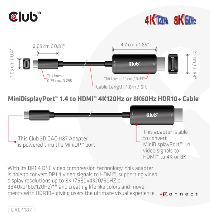 Club 3D CAC-1187 Cable Mini DisplayPort 1.4 a HDMI 2.1 1.8m 8K60Hz St/St