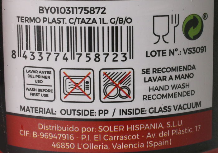 Thermosport Termo de Plástico con Taza 1L Gris/Blanco/Oro - Dimensiones: 13 cm Largo x 11 cm Ancho x 29 cm Alto (12 Unidades)