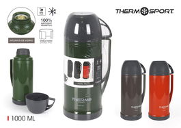 Thermosport Termo de Plástico con Taza 1L Gris/Blanco/Oro - Dimensiones: 13 cm Largo x 11 cm Ancho x 29 cm Alto (12 Unidades)
