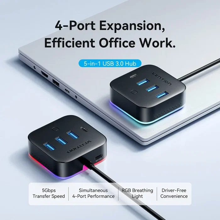 Vention Hub USB 3.0 5 en 1 CHZBC con 3xUSB, 1xUSB-C y 1xUSB-C PD, Negro Vention Hub USB 3.0 5 en 1 CHZBC con 3xUSB, 1xUSB-C y 1xUSB-C PD, Negro