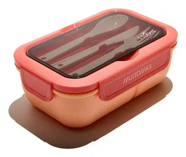 Muitomas Lunchboxspf Fiambrera Táper 1,1 L Plástico Negro y Durazno - 3 Compartimentos, Incluye Cubiertos, Apto para Microondas