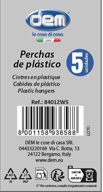 Inde Set de 5 Perchas de Plástico Blanch, 42 x 20 cm