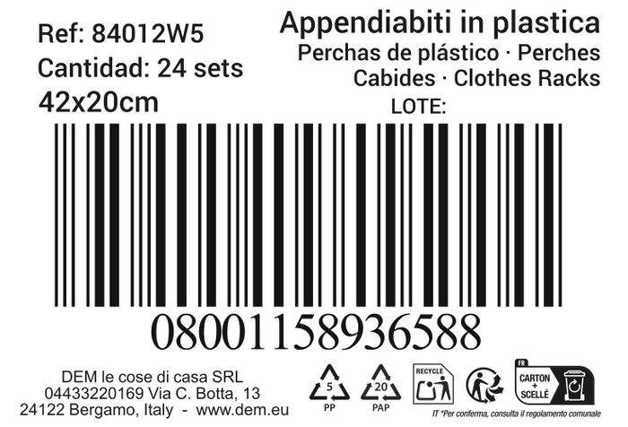 Inde Set de 5 Perchas de Plástico Blanch, 42 x 20 cm