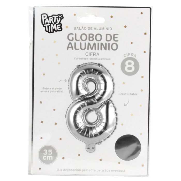 Party Time Globo Cifra 8 Plata, Altura 35 cm