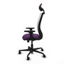 Silla de oficina Zulema con mecanismo Sincro tapizada con Tela color Morado y malla color Blanco. Equipada con lumbar 1D, Brazos 2D, Cabecero Fijo y Ruedas 65mm nailon