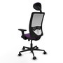 Silla de oficina Zulema con mecanismo Sincro tapizada con Tela color Morado y malla color Blanco. Equipada con lumbar 1D, Brazos 2D, Cabecero Fijo y Ruedas 65mm nailon