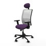 Silla de oficina Zulema con mecanismo Sincro tapizada con Tela color Morado y malla color Blanco. Equipada con lumbar 1D, Brazos 2D, Cabecero Fijo y Ruedas 65mm nailon