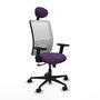 Silla de oficina Zulema con mecanismo Sincro tapizada con Tela color Morado y malla color Blanco. Equipada con lumbar 1D, Brazos 2D, Cabecero Fijo y Ruedas 65mm nailon