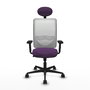 Silla de oficina Zulema con mecanismo Sincro tapizada con Tela color Morado y malla color Blanco. Equipada con lumbar 1D, Brazos 2D, Cabecero Fijo y Ruedas 65mm nailon