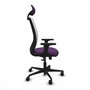 Silla de oficina Zulema con mecanismo Sincro tapizada con Tela color Morado y malla color Blanco. Equipada con lumbar 1D, Brazos 2D, Cabecero Fijo y Ruedas 65mm nailon