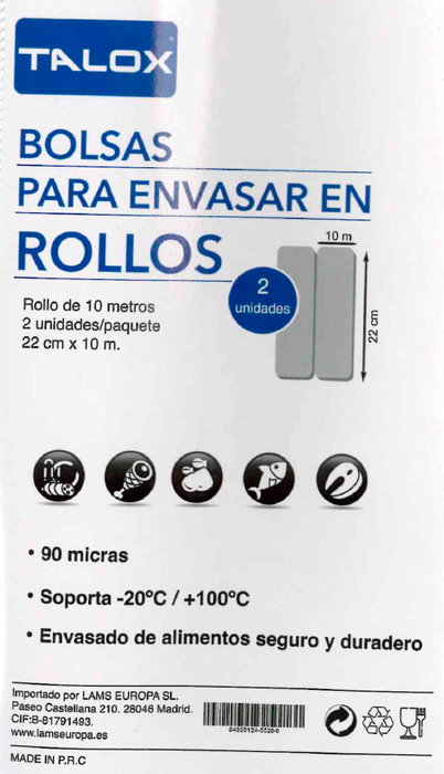 TALOX PACK 2 ROLLOS ENVASAR VACIO GOFRADA 90 µ 22 CMX10M=