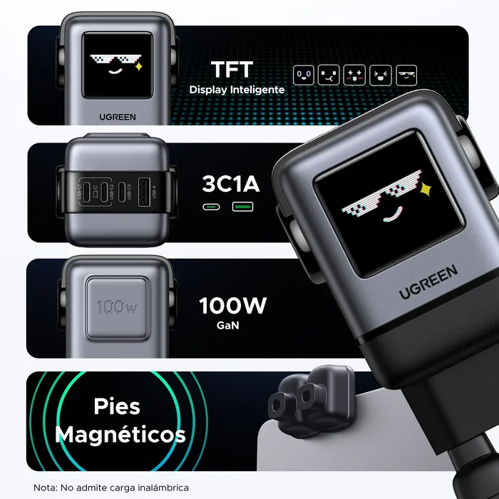 Ugreen Cargador Uno 45515B 100W GaN Gris con 4 Puertos y Pantalla Inteligente
