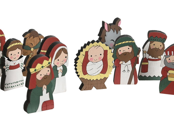 DKD Home Decor Nacimiento Navidad Tradicional Madera Rojo Rosa Set de 10 Piezas
