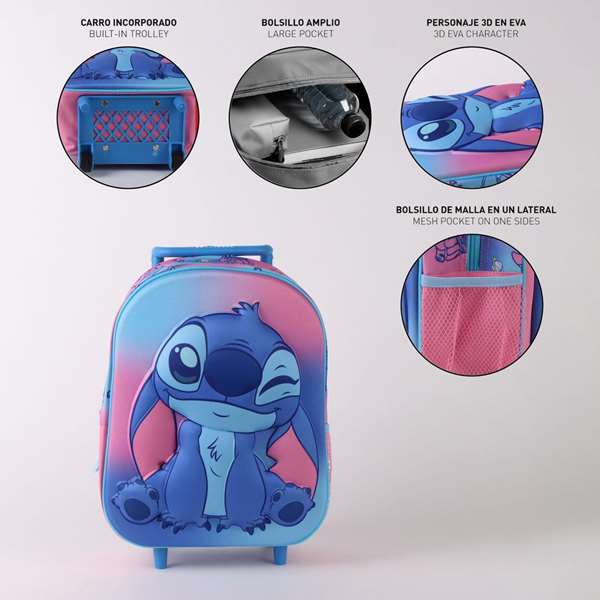 Cerdá Mochila infantil trolley 3D Stitch 25x30x12 cm con ruedas para niños 3 años