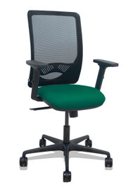 Silla de oficina Zulema con mecanismo Sincro tapizada con Tela color Verde botella y malla color Negro. Equipada con lumbar 1D, Brazos 2D y Ruedas 65mm nailon