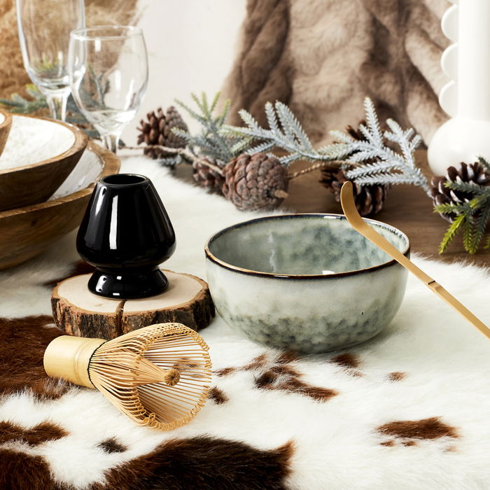 Home Deco Factory Juego de Preparación Té Matcha Natural con Bol, Cuchara, Batidor y Soporte para ceremonia del té