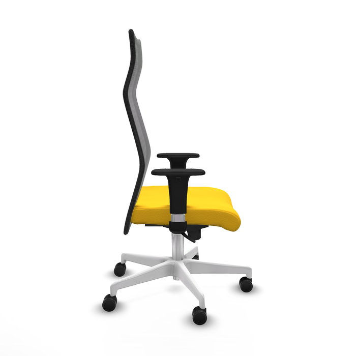 Sillón Albacete con mecanismo Sincro tapizada con Similpiel color Amarillo y malla color Negro. Equipado con Base poliamida blanca, Brazos 1D y Ruedas 65mm nailon Sillón Albacete con mecanismo Sincro tapizada con Similpiel color Amarillo y malla color Negro. Equipado con Base poliamida blanca, Brazos 1D y Ruedas 65mm nailon