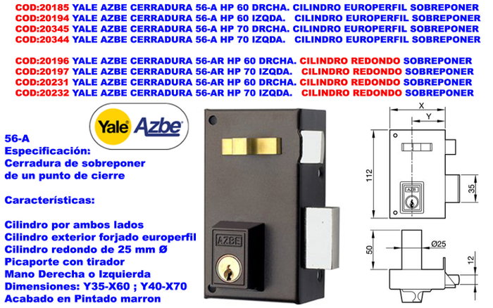 Yale AZBE 56-AR HP Cerradura de Sobreponer Cilindro Redondo Derecha Yale AZBE 56-AR HP Cerradura de Sobreponer Cilindro Redondo Derecha