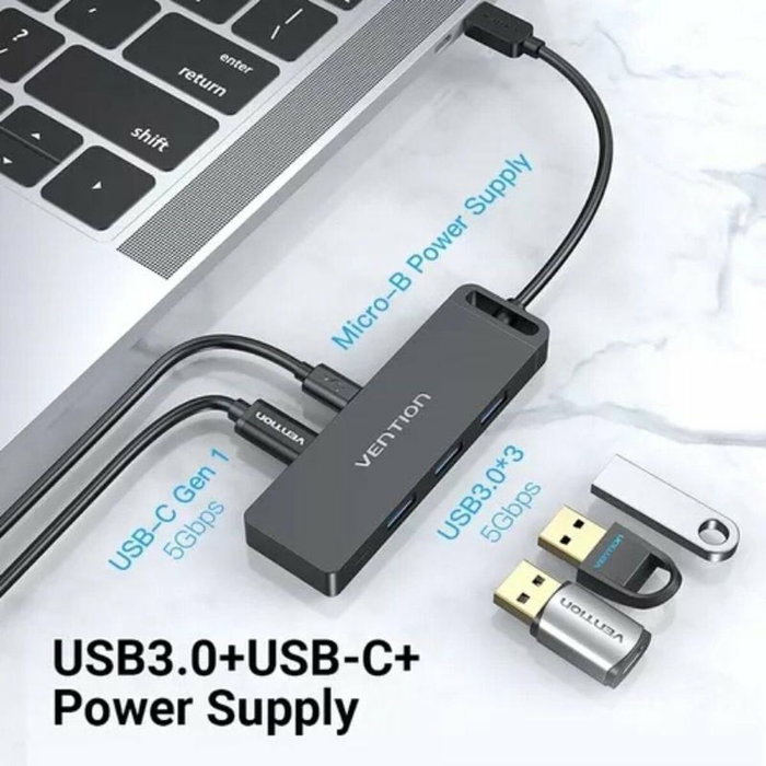 Vention Hub USB-C 5 en 1 TGTBB con 3x USB 3.0, 1x USB-C y 1x Micro-B