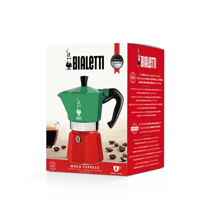 Bialetti Cafetera Italiana Moka Express 6 Tazas 300 ml Apta Todo Fuego Excepto Inducción Verde/Rojo BIA8006363018944