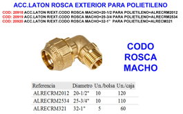Codo de latón con rosca macho 25-3/4 para polietileno