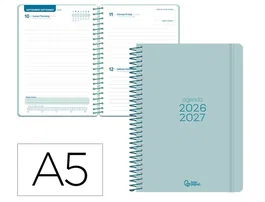 Liderpapel Agenda Escolar 2026-2027 A5 Bilingüe Español, Espiral, Día Página, Papel FSC 70g, Color Turquesa, Colección Basic