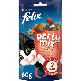 Purina Felix Party Mix Mixed Grill Sabor Pollo, Salmón y Buey - Golosinas para Gatos 8x60gr